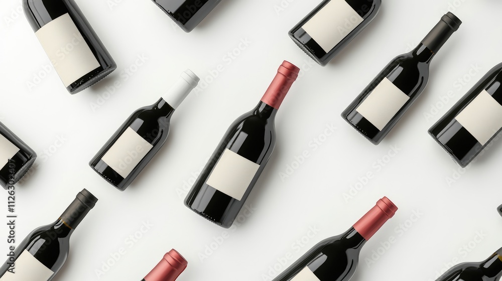Poster Assorted red and white wine bottles with blank labels, artfully arranged on a pristine white background, perfect for design mockups.