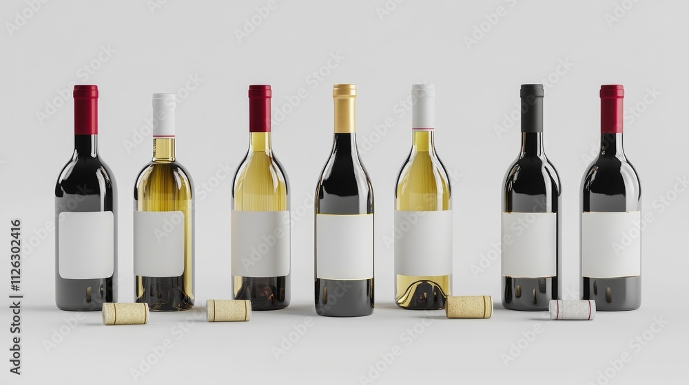 Poster Assorted red and white wine bottles with blank labels, artfully arranged on a pristine white background, perfect for design mockups.