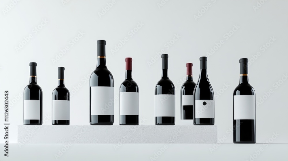 Poster Assorted red and white wine bottles with blank labels on a pristine white backdrop, perfect for showcasing product design and customization options.