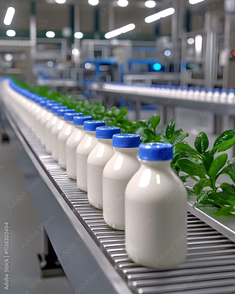 Poster robotic milk processing innovation, a modern factory showcasing advanced automation in dairy product