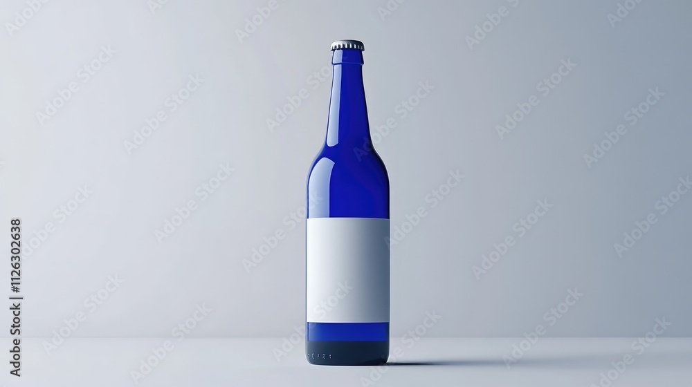 Poster bold blue beer bottle with a simple white label, set against a smooth grey background for an elegant