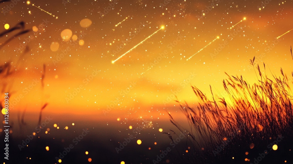 Poster bright golden falling stars streak across a glowing orange sky, with soft bokeh lights adding a magi