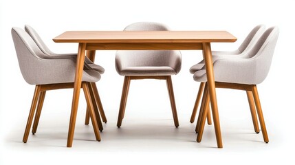 Stylish wooden dining table with cozy fabric chairs, perfectly isolated on white background, designed for modern kitchen ads and home decor