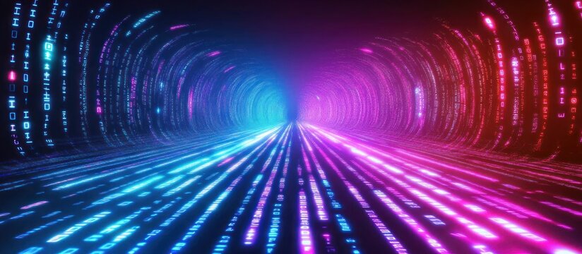 A network of glowing binary code streams with neon lights, against a sleek, dark technological background, representing the digital information highway 