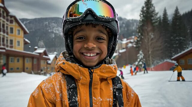 video of smiling african american boy in ski clothes, ski goggles and helmet on snowy ski slope background, snowboarder, skier, mountain vacation, holiday, child doing skiing