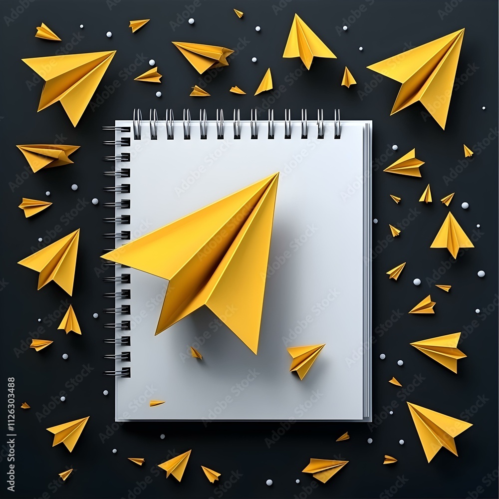 Poster dynamic yellow paper sheets soaring above a textured notebook, creating a vibrant and engaging educa