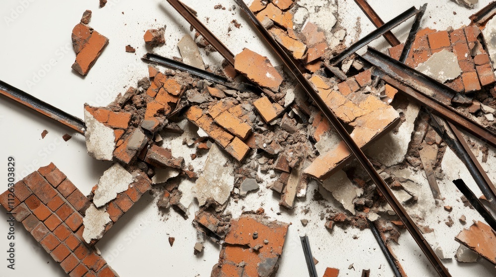 Poster broken bricks and steel bars from a collapsed building are arranged on a white surface, showcasing t