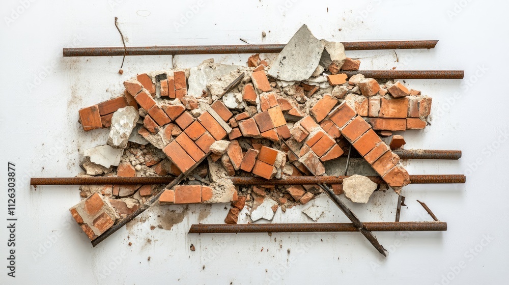 Poster broken bricks and steel bars from a collapsed building are arranged on a white surface, showcasing t