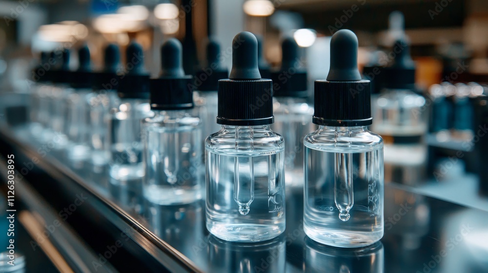 Poster a collection of elegant clear dropper bottles is arranged neatly on a reflective surface, showcasing