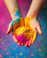 Hands holding vibrant yellow and pink Holi powders with colorful background