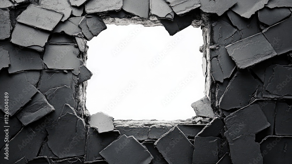Poster broken ceramic roof tiles form a frame around a radiant white void, with light streaming through the