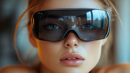 Naklejka premium Modern Young Woman Wearing Futuristic Technology Glasses