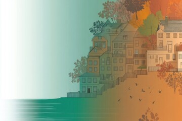 Minimalistic coastal scene with autumn hues and seaside architecture