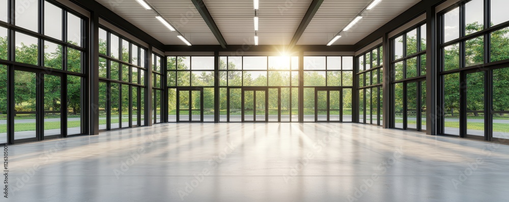Poster modern empty space with large glass windows allowing natural light and a view of greenery outside.