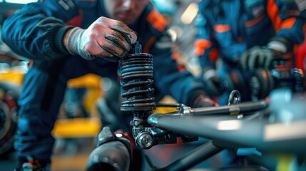 Naklejka premium Close-Up of Racing Car Suspension Adjustment in Action with Skilled Hands