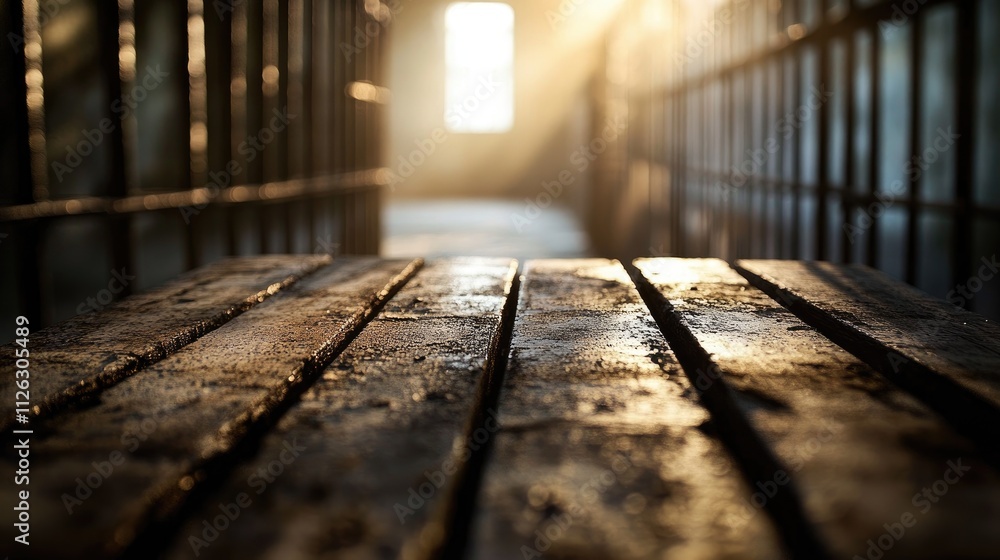 Poster Close-up of a weathered wooden table, with a blurred view of a cold, empty jail cell and faint light rays casting a somber atmosphere.