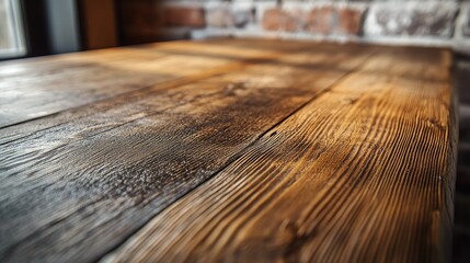 Fototapeta premium Close-up of a textured, aged wooden table surface with a soft blurred brick wall in the background, adding depth and vintage appeal.
