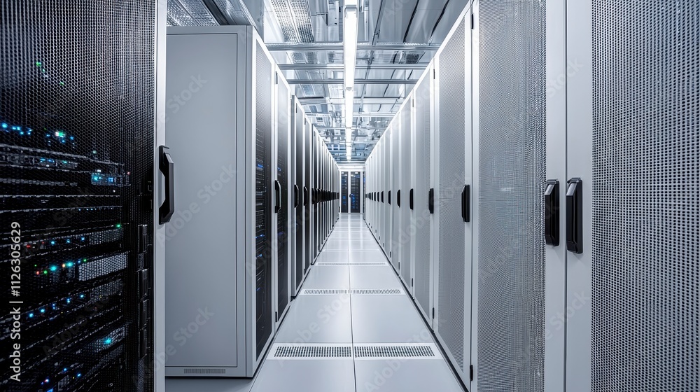 Wall mural a modern data center corridor lined with server racks, showcasing advanced technology and organized 