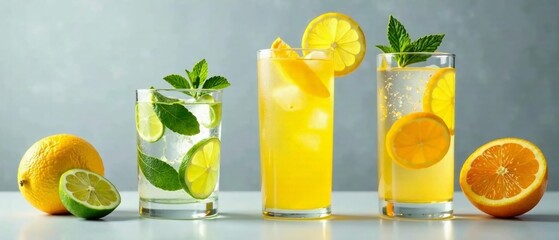 Summer Refreshments: Healthy Lemonade, Cocktails & Detox Drinks - Gray Background Banner