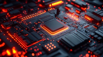 Futuristic Technology Circuit Board with Glowing Red Elements