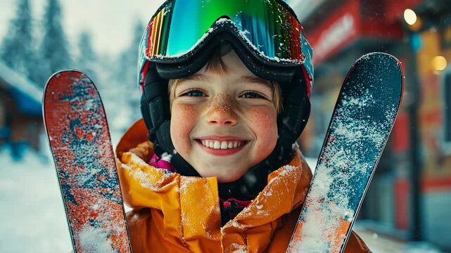  video of smiling boy in ski clothes, ski goggles and helmet on snowy ski slope background, snowboarder, skier, mountain vacation, holiday, child doing skiing