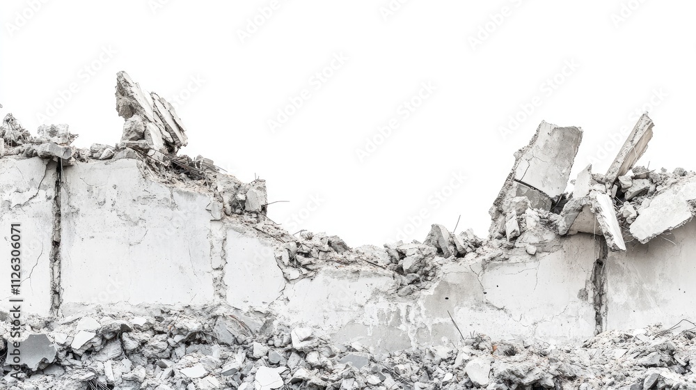 Poster Close-up of crumbled building debris with distinct layers of destruction, shot on a clean white background to emphasize the ruin.