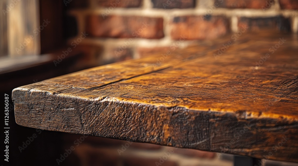Poster close-up of an old wooden table with rich texture, set against a blurred rustic brick wall, creating