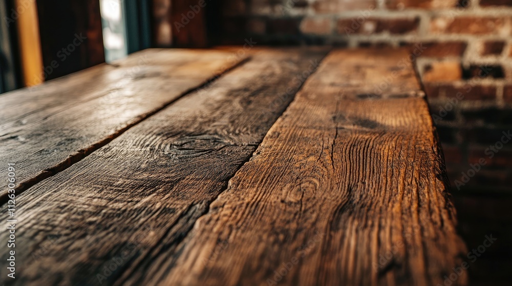 Poster close-up of an old wooden table with rich texture, set against a blurred rustic brick wall, creating