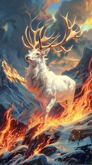 A majestic white deer with perfect antlers, in the mountains and beautiful fire effects
