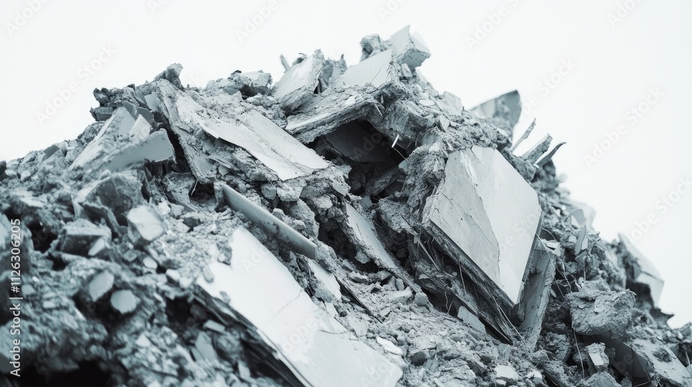 Aufkleber close-up of crumbled building debris with distinct layers of destruction, shot on a clean white back