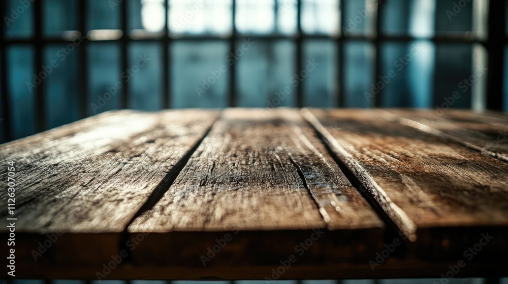 Poster detailed shot of a wooden table, with a soft blur of an empty, cold jail cell in the background, ill