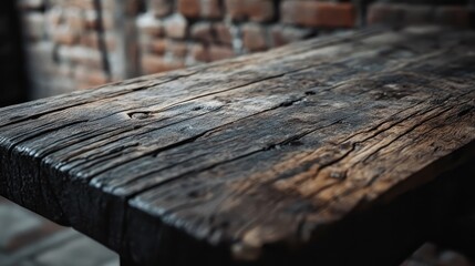 Fototapeta premium Detailed texture of a weathered wooden table, with a soft, blurred brick background providing contrast and enhancing the rustic feel.