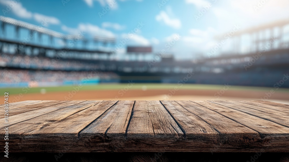 Poster detailed view of a wooden table with a blurred, energetic baseball stadium in the background, creati