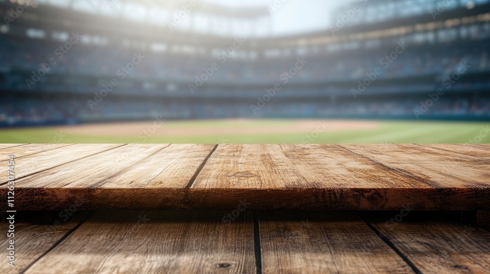 Poster detailed view of a wooden table with a blurred, energetic baseball stadium in the background, creati