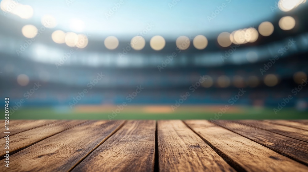 Poster detailed view of a wooden table with a blurred, energetic baseball stadium in the background, creati
