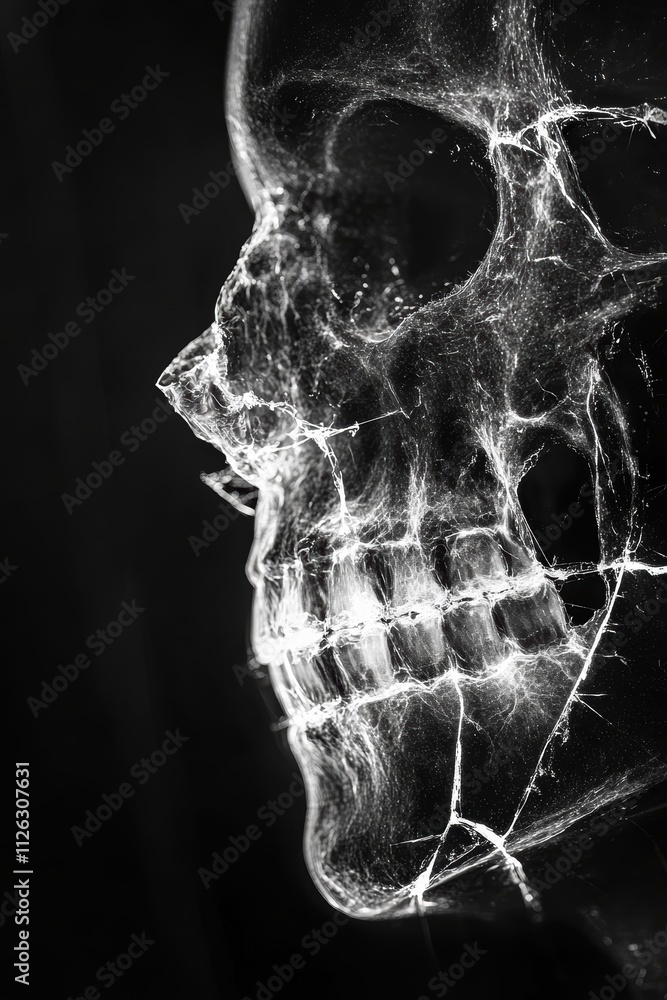 Poster ethereal neon skull art with intricate light patterns in dark background
