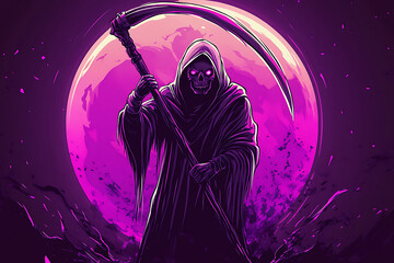 A skeletal figure in a hooded cloak holds a scythe against a vibrant purple moon backdrop.