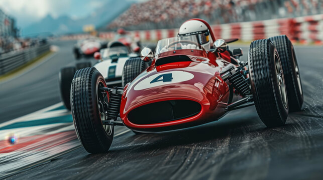 Fototapeta A thrilling moment as a vintage racing car overtakes its rival on a dynamic racetrack scene.