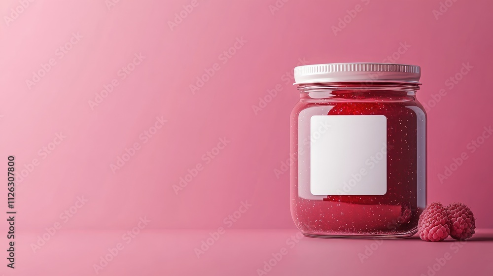 Poster elegant mockup of a glass jar filled with raspberry jam, featuring a blank white label, set in the c