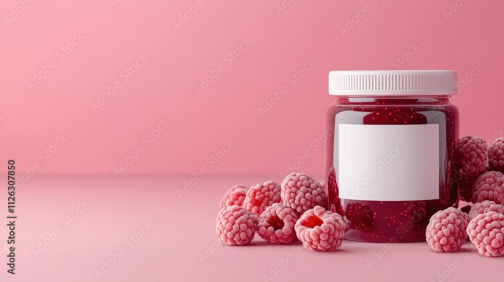 Poster elegant mockup of a glass jar filled with raspberry jam, featuring a blank white label, set in the c