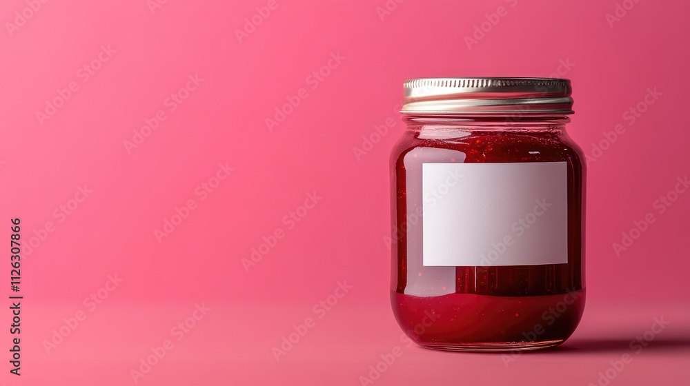 Poster elegant mockup of a glass jar filled with raspberry jam, featuring a blank white label, set in the c