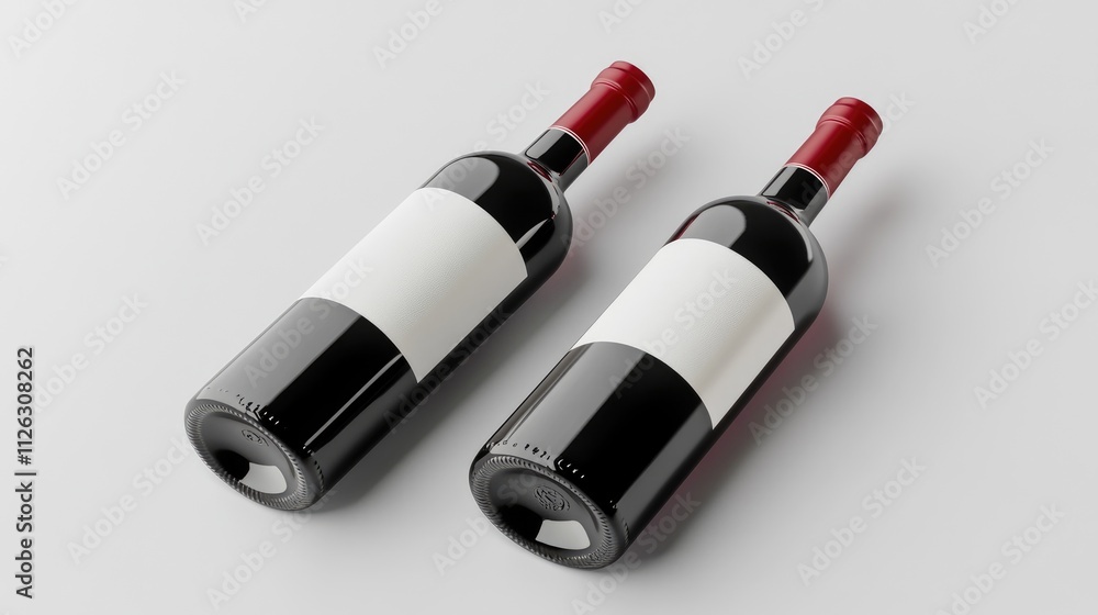 Poster elegant red and white wine bottles, placed artistically on a pristine white background, showcasing b