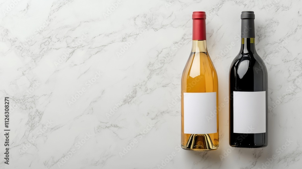 Poster elegant red and white wine bottles with blank labels, placed on a clean white background, ideal for 