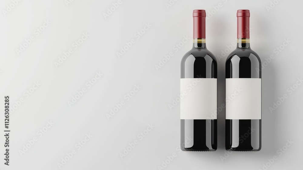 Poster elegant red and white wine bottles with blank labels, placed on a clean white background, ideal for 