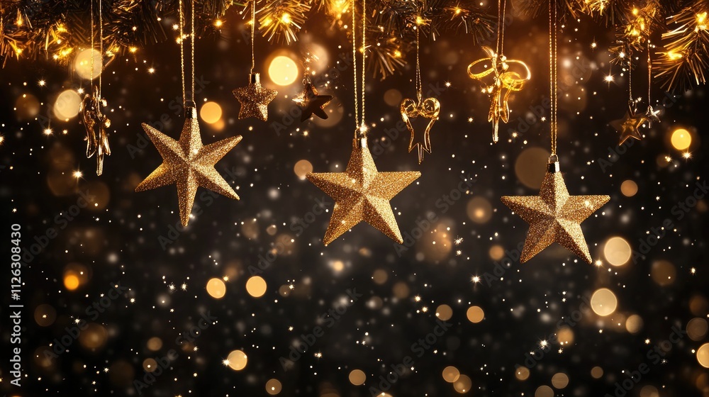 Poster falling golden stars illuminate the night, with shimmering bokeh lights enhancing the serene and fes