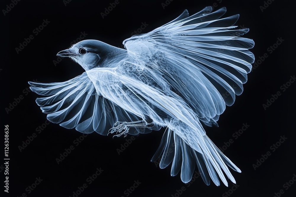 Poster x-ray image of a flying bird with detailed bone structure