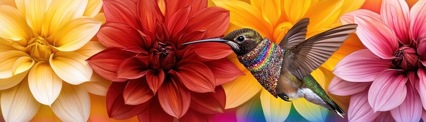 Obraz premium Exotic animal influencer concept. Hummingbird hovering amid vibrant blooming flowers