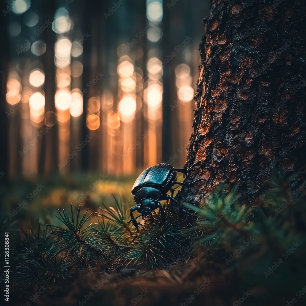 Poster a striking black beetle climbs a textured tree trunk in a serene forest at dusk, creating a captivat