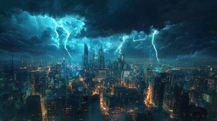 Fototapeta premium Cityscape during a thunderstorm, dark clouds and rain, dramatic lighting, 