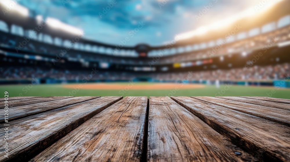 Poster focused image of a wooden table with a blurry, lively baseball stadium in the distance, capturing th